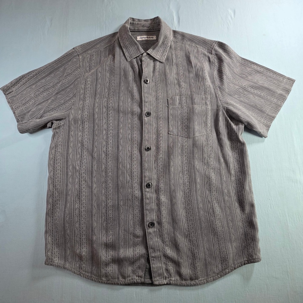 Tommy Bahama Mens Grey Textured Stripe Short Sleeve Button Down Shirt Large